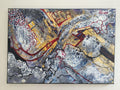 Gilded Currents abstract painting by Herman Groenewald in gold, crimson, blue, white, and charcoal