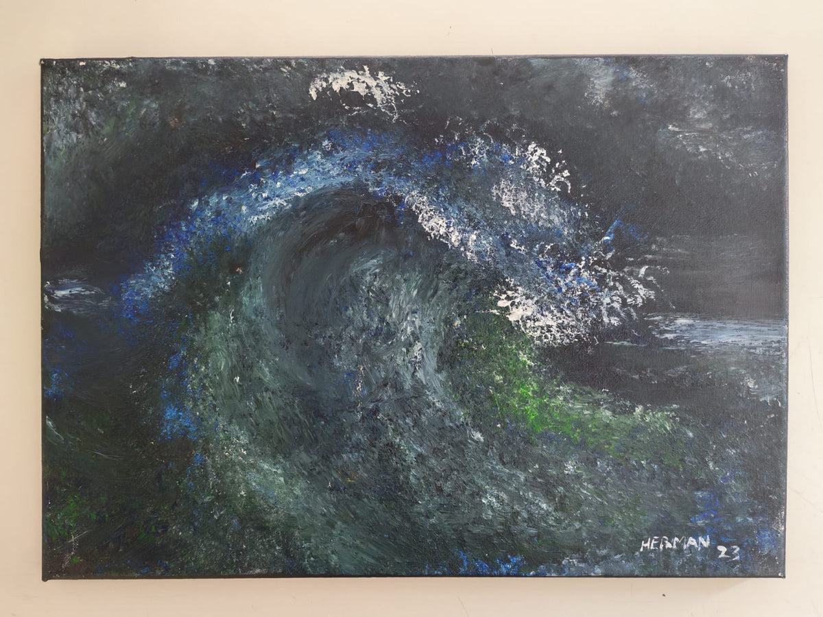 Midnight Currents, a signed abstract acrylic painting by Herman Groenewald in deep blue, green, charcoal, and silver-grey tones